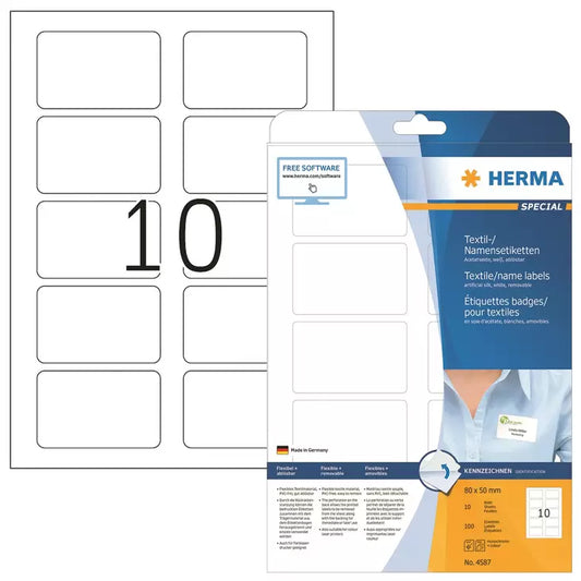 Herma 4587 nimi/tekstiilitarra irroitettava 80x50mm valkoisella taustalla.