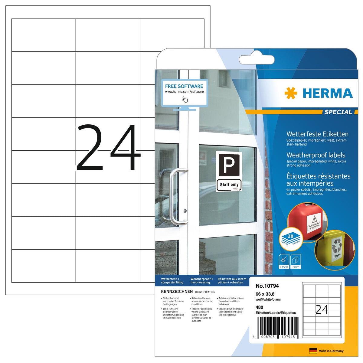 Herma Weatherproof Tarrat 66x33,8mm malli ruudukosta ja infot.