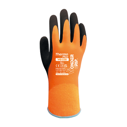 Oranssi Wonder Grip 338 Thermo plus hanska valkoisella taustalla.