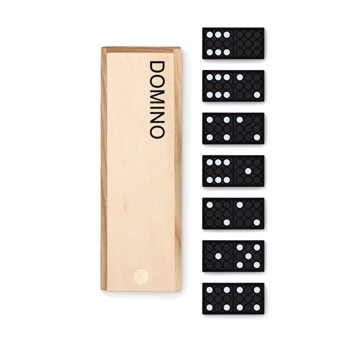 Domino-peli puulaatikossa – 28 palaa. Laserkaiverruksella. Esim. 5kpl.