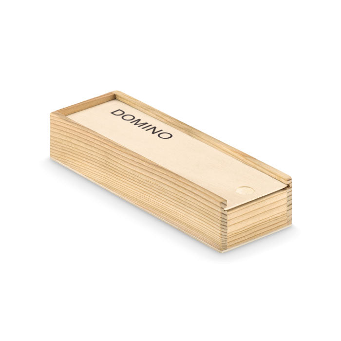 Domino-peli puulaatikossa – 28 palaa. Laserkaiverruksella. Esim. 5kpl.